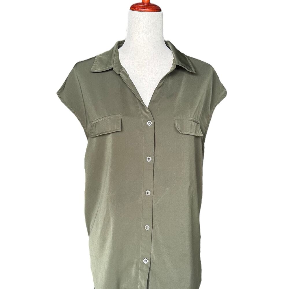 Lotusmile Olive Green Button-Down Blouse | Cap Sleeves, Pockets, Size Large